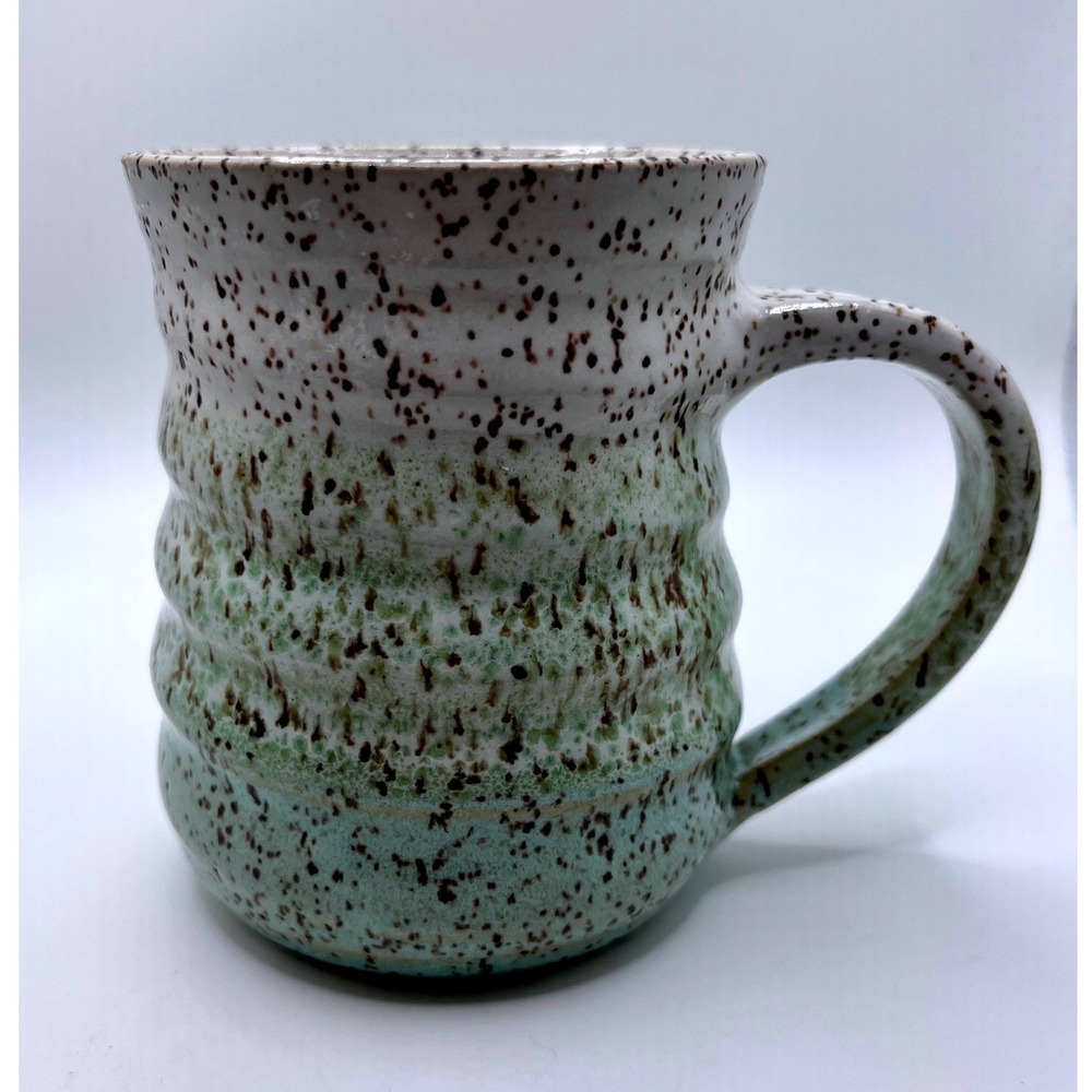 Ceramic Mug Stamped 'sweet' Green Cream NWOT Ribbed Speckled Artisan Pottery